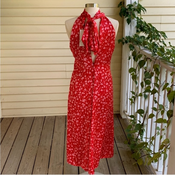 NWT Zara Halter Midi Dress Red Pink Floral Tie Neck Size small, wedding party - Picture 6 of 8